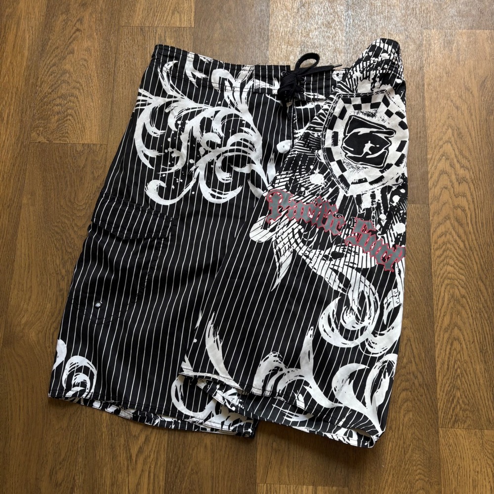 Vintage Y2K Grunge Surf Beachwear Pacific Surf Black White Pinstripe Goth Trunks